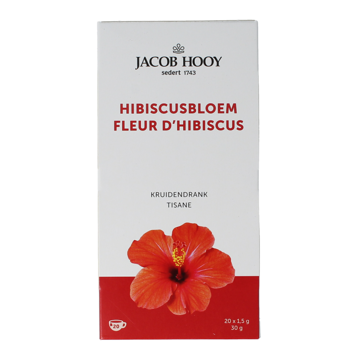 Jacob Hooy hibiscus herbal tea bags, 20-pack, featuring vibrant hibiscus flowers in a resealable package.