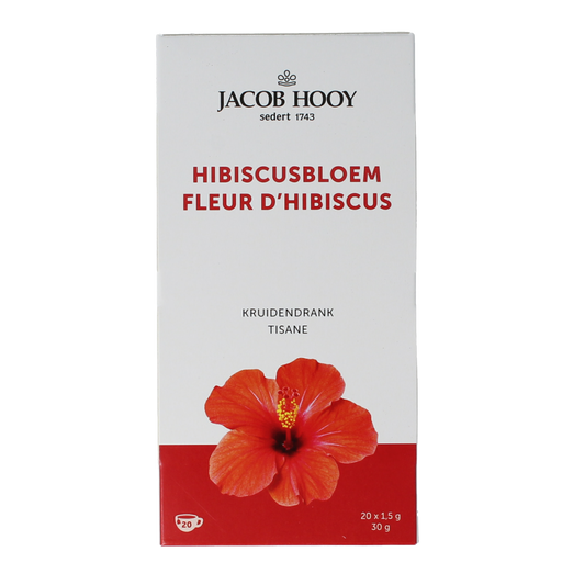 Jacob Hooy hibiscus herbal tea bags, 20-pack, featuring vibrant hibiscus flowers in a resealable package.