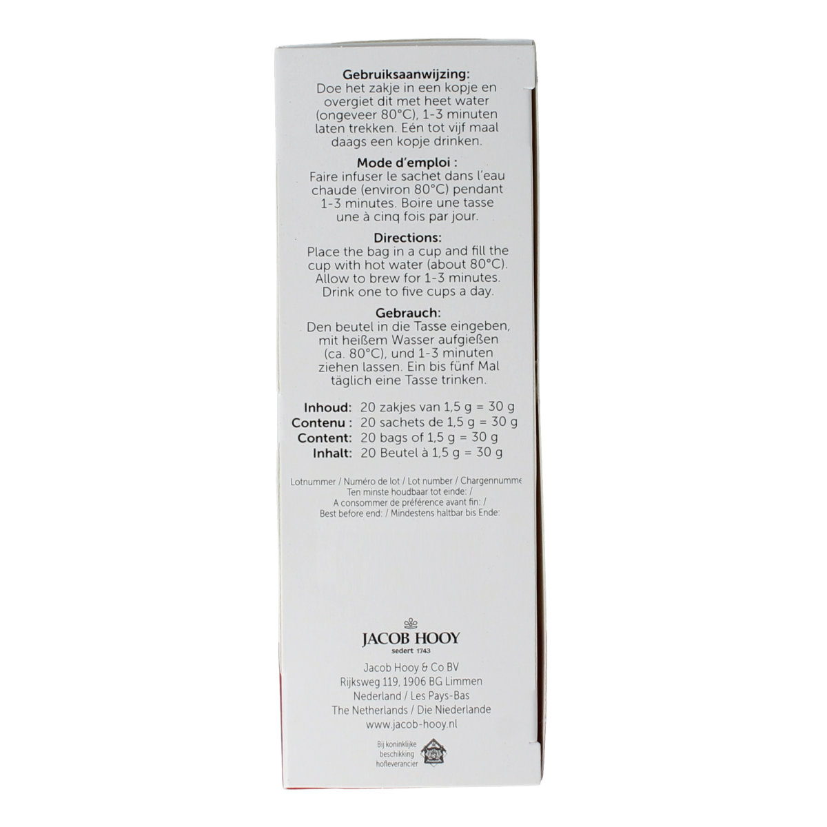 Jacob Hooy hibiscus herbal tea bags, 20-pack, natural dried hibiscus flowers for brewing flavorful herbal tea.