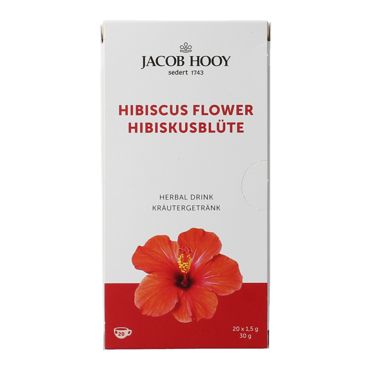 Jacob Hooy hibiscus herbal tea bags, 20-count, shown in a box with vibrant hibiscus flowers on the packaging.