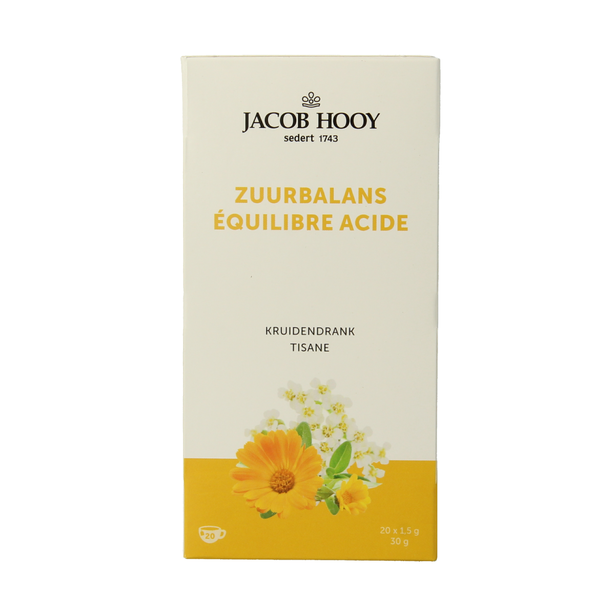 Jacob Hooy Ontzuringsthee in a box of 20 tea bags, natural herbal detox tea from the Jacob Hooy brand.