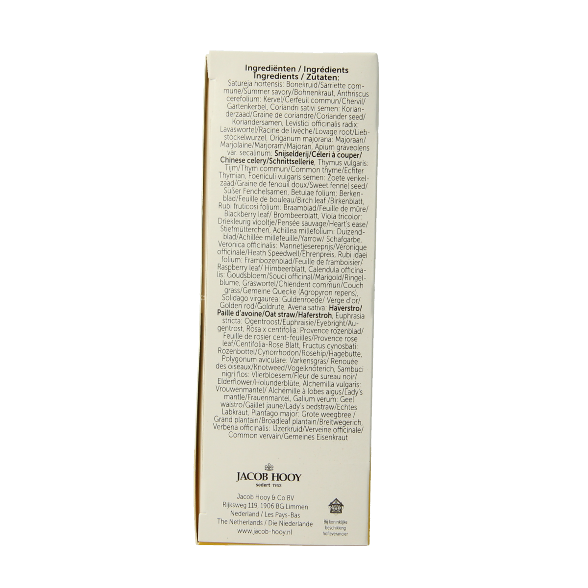 Jacob Hooy Ontzuringsthee in a box of 20 tea bags, natural herbal remedy for detoxification, with dried herbs visible inside the packaging.