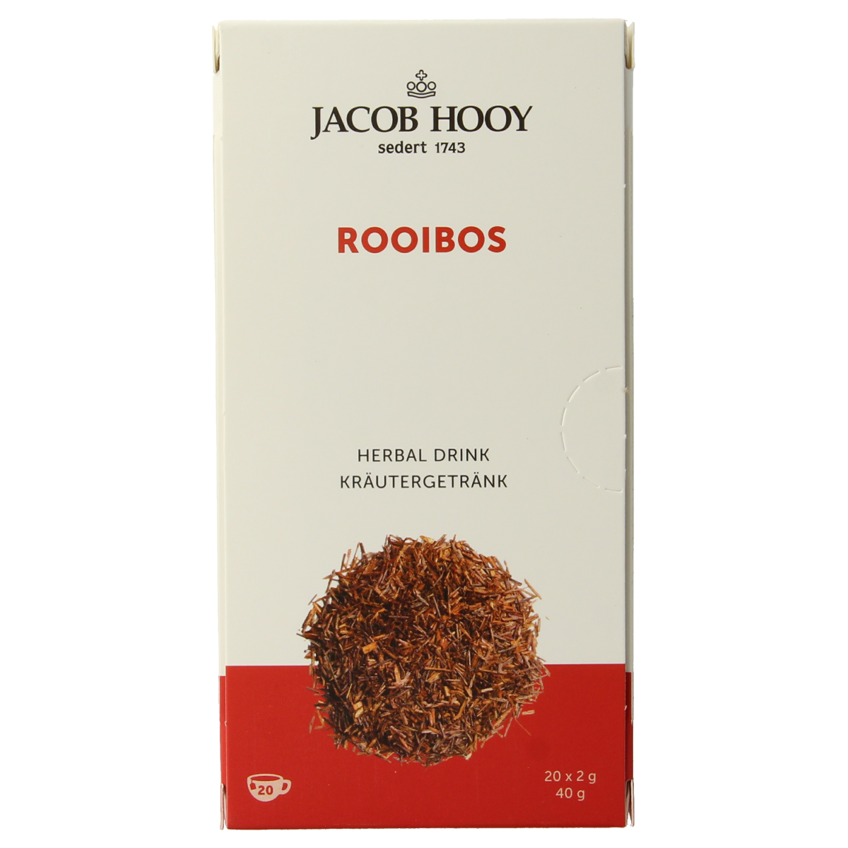 Jar of Jacob Hooy Rooibos tea with 20 tea bags, featuring the brand's label and packaging details.