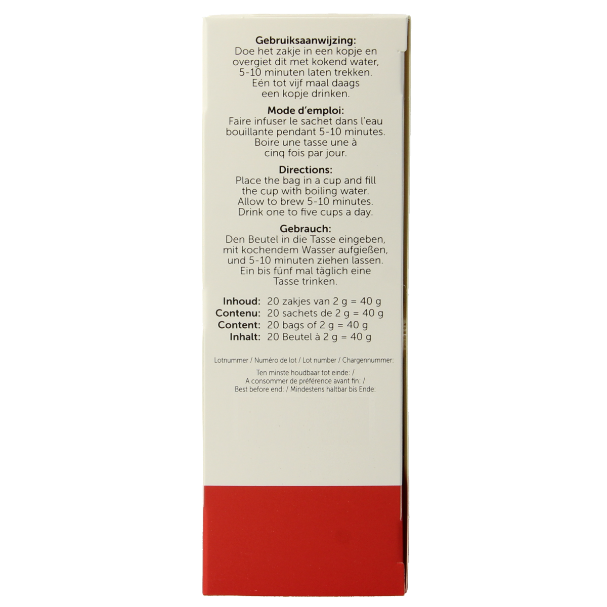 Jacob Hooy Rooibos tea in a box with 20 tea bags, featuring vibrant red rooibos leaves on the packaging.