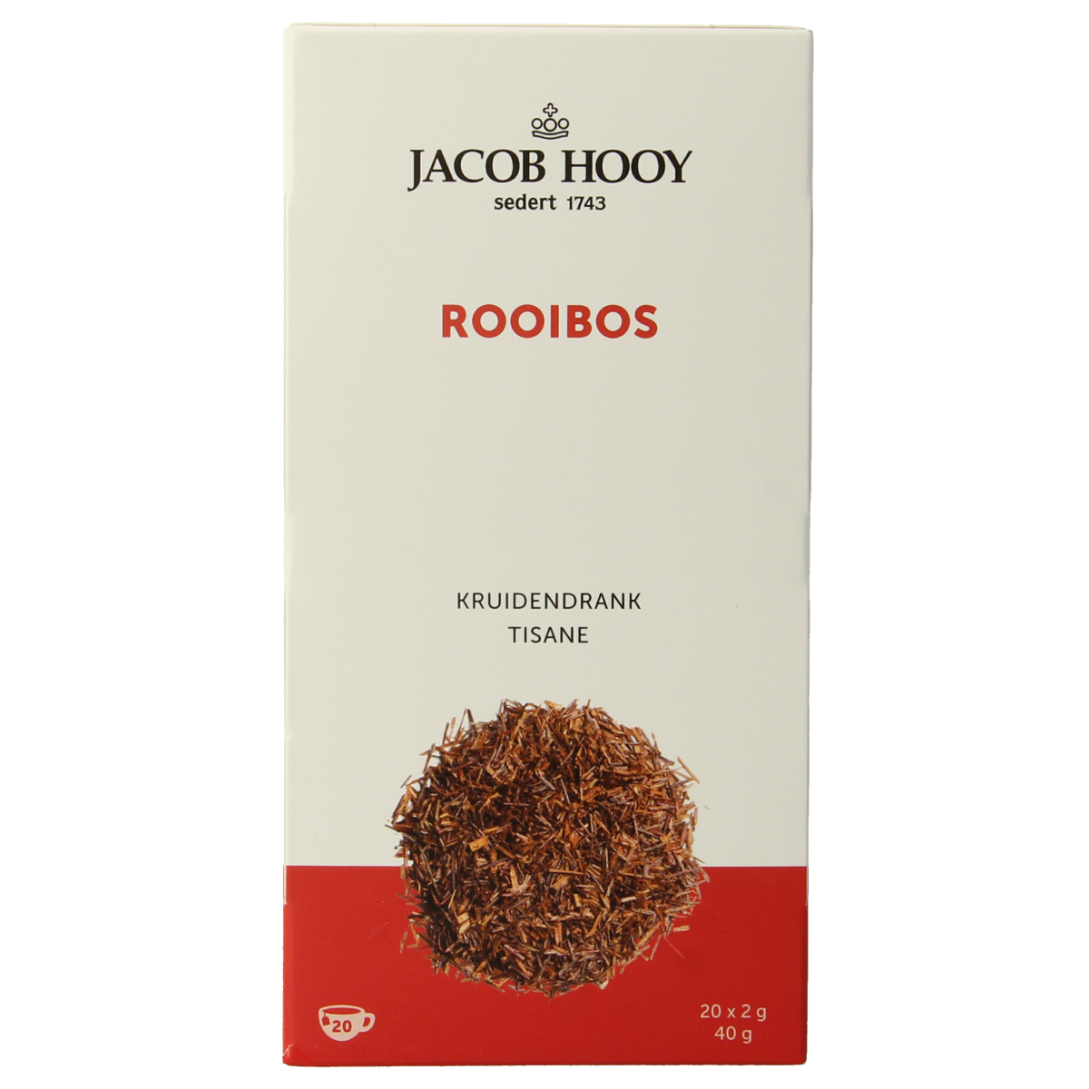 Jacob Hooy Rooibos tea bags, 20-count box, natural herbal infusion with red rooibos leaves in a clear packaging.