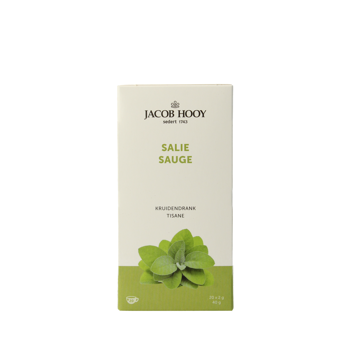 Jacob Hooy Salie thee in 20 tea bags, herbal tea for soothing and flavorful herbal infusion, packaged in a clear box
