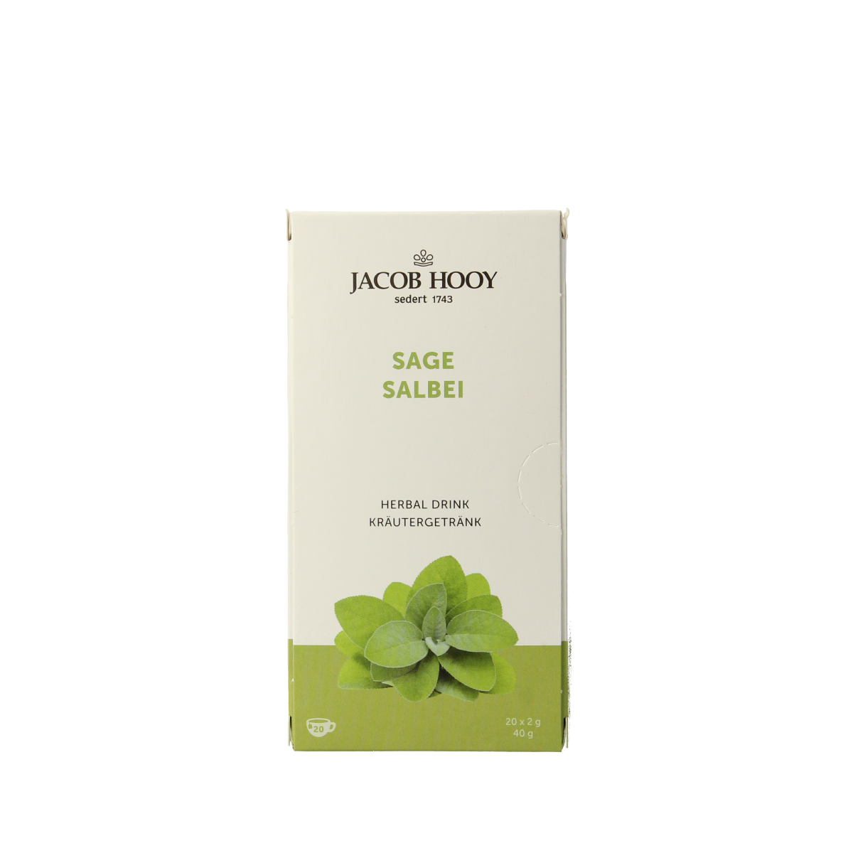Jacob Hooy Salie thee in 20 tea bags, herbal infusion with salie leaves, natural tea product from the Jacob Hooy brand.
