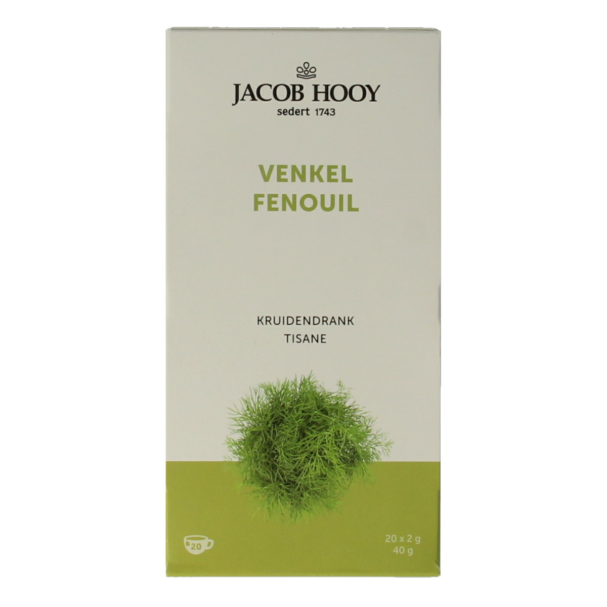 Jacob Hooy fennel tea bags shown in a box, 20 tea sachets, natural herbal tea from the Jacob Hooy brand.