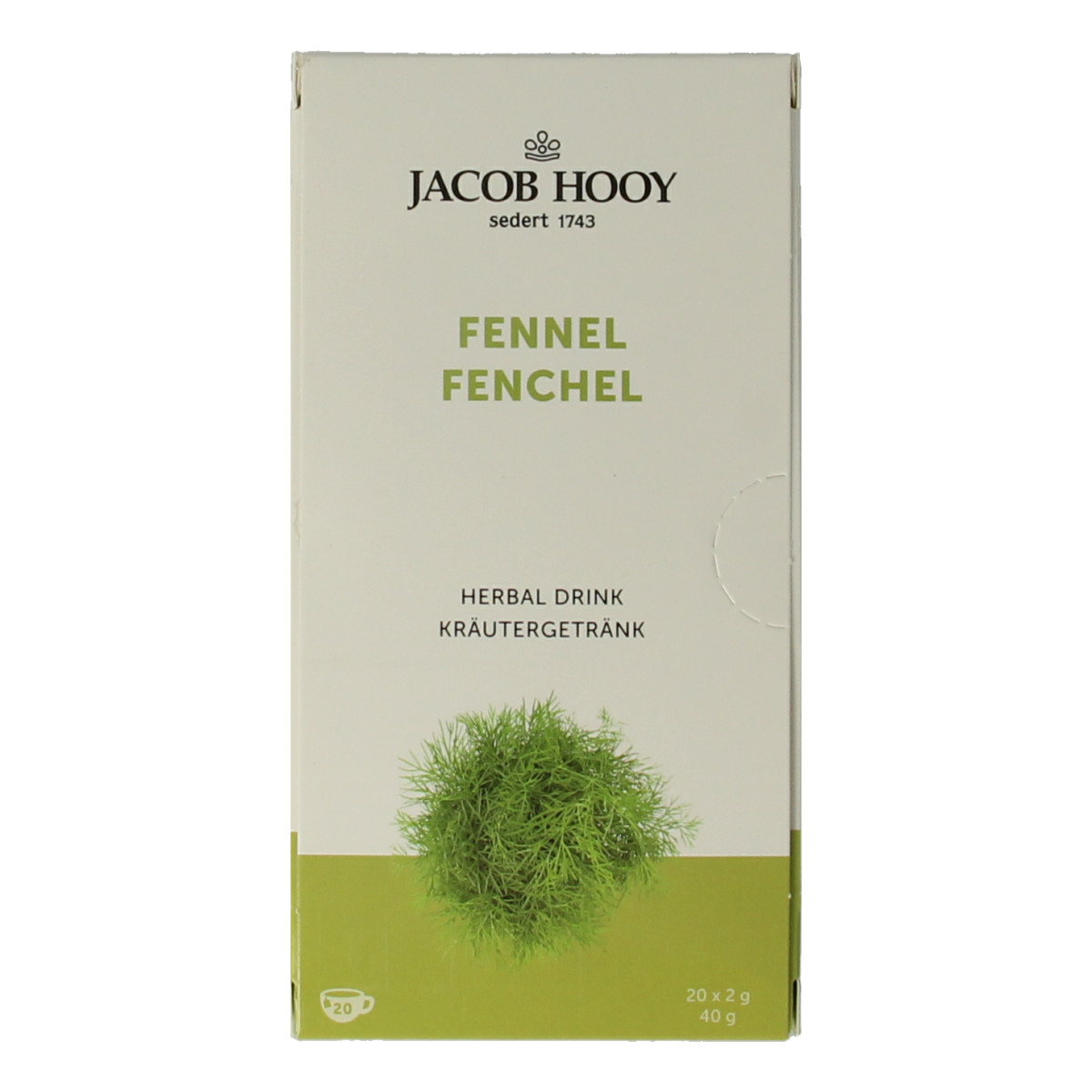 Jacob Hooy venkel thee in a box with 20 tea bags, featuring fragrant fennel flavor, perfect for soothing herbal tea.
