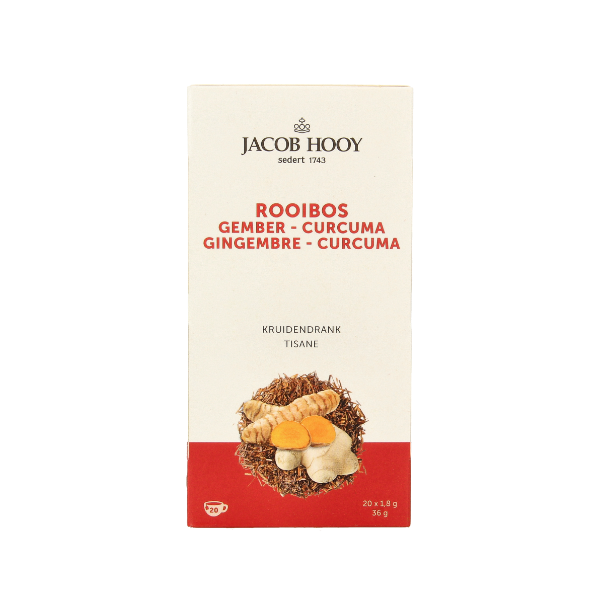 Jacob Hooy Rooibos gember kurkuma thee in a box of 20 tea bags, showcasing the herbal tea packaging and tea bags.