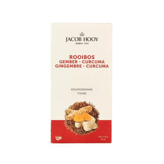 Jacob Hooy Rooibos gember kurkuma thee in a box of 20 tea bags, showcasing the herbal tea packaging and tea bags.