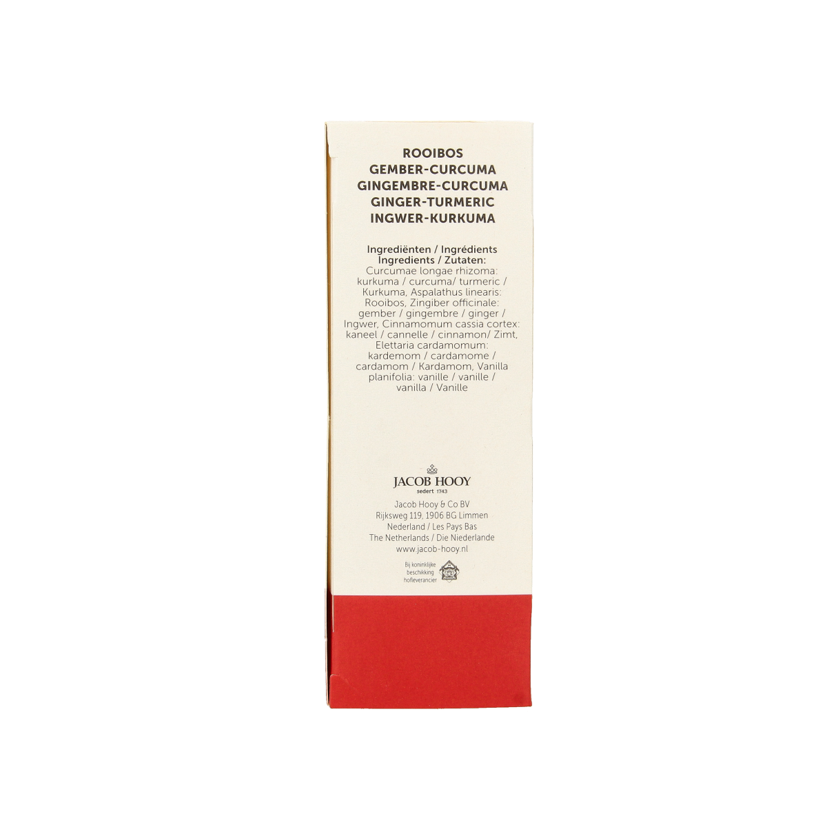 Jacob Hooy Rooibos gember curcuma thee in a box, featuring herbal tea bags with rooibos, ginger, and turmeric ingredients.