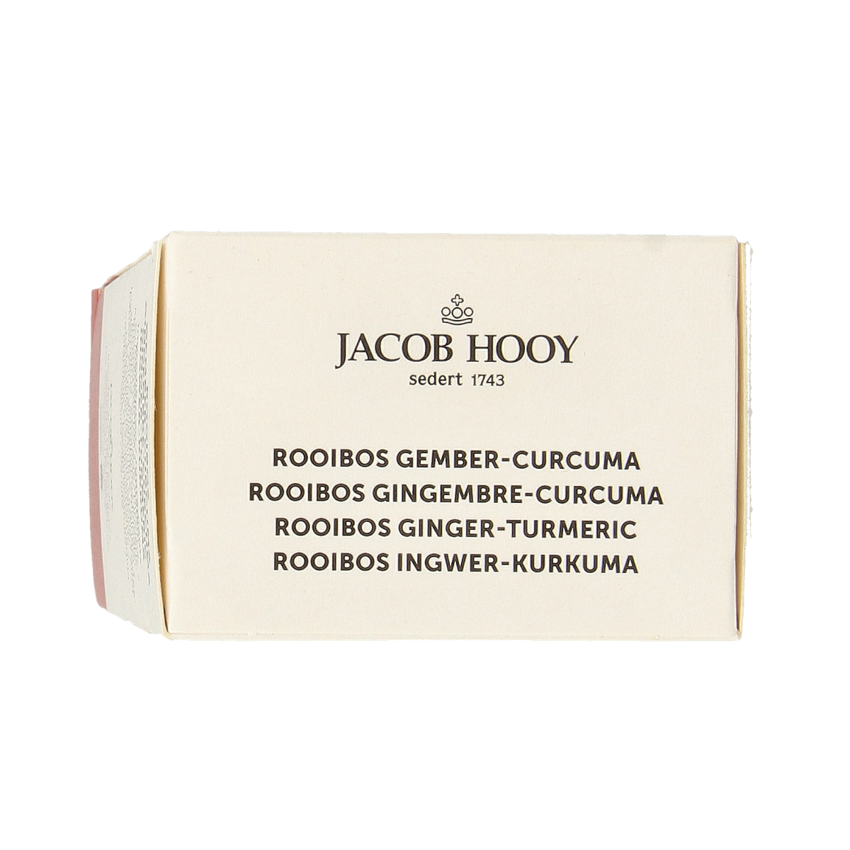 Jar of Jacob Hooy Rooibos gember en curcuma thee in a glass tea jar with a label, surrounded by fresh ginger and turmeric roots.