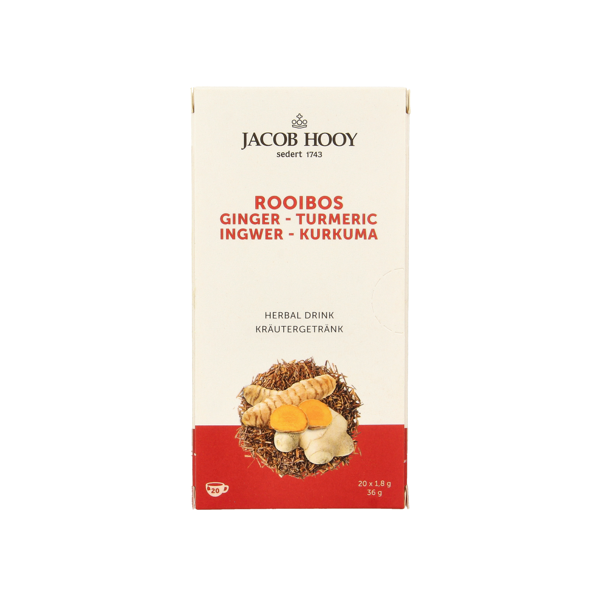 Jacob Hooy Rooibos gember en curcuma thee in een pak met 20 zakjes, warm en aromatisch kruidenthee