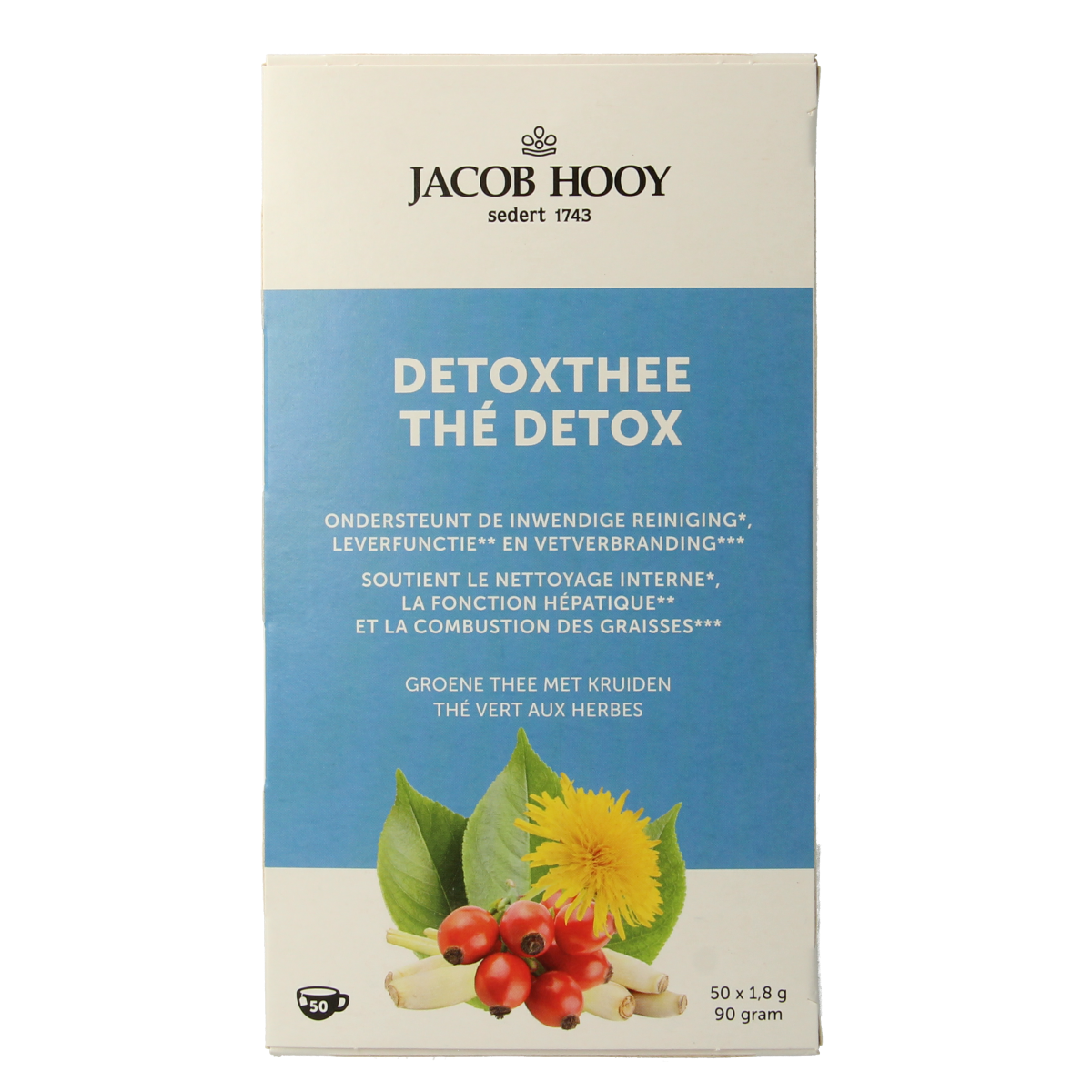 Jacob Hooy Detox tea bags, 50 count, in a box, featuring herbal ingredients, for wellness and cleansing.