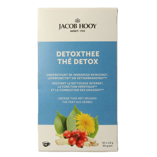 Jacob Hooy Detox tea bags, 50 count, in a box, featuring herbal ingredients, for wellness and cleansing.
