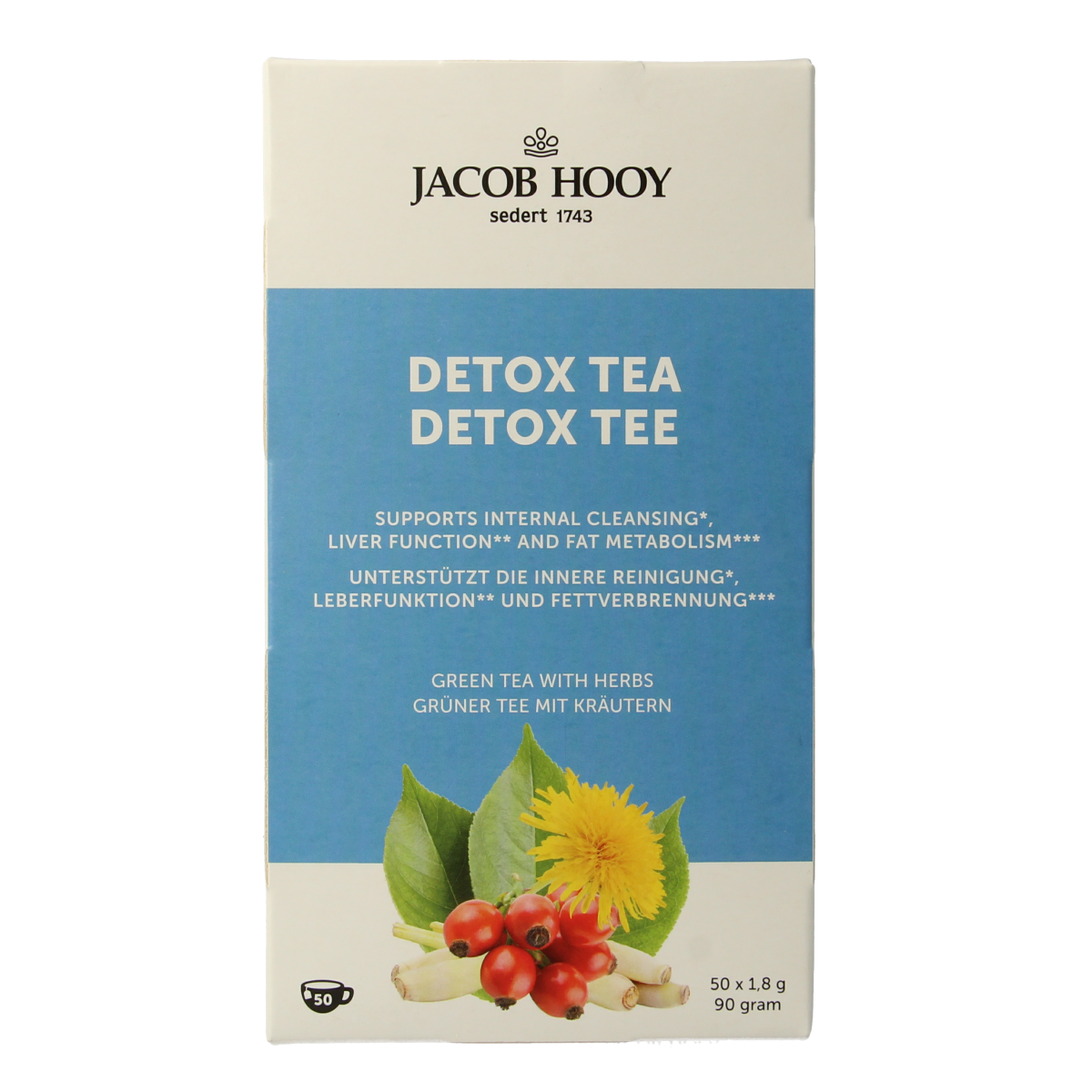 Jacob Hooy Detox tea bags, 50 pieces, natural herbal infusion for detoxification, in packaging with tea bag imagery.