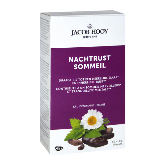 Jacob Hooy Nachtrust herbal tea bags in a box, 50 tea bags, natural sleep aid, for relaxing herbal tea.