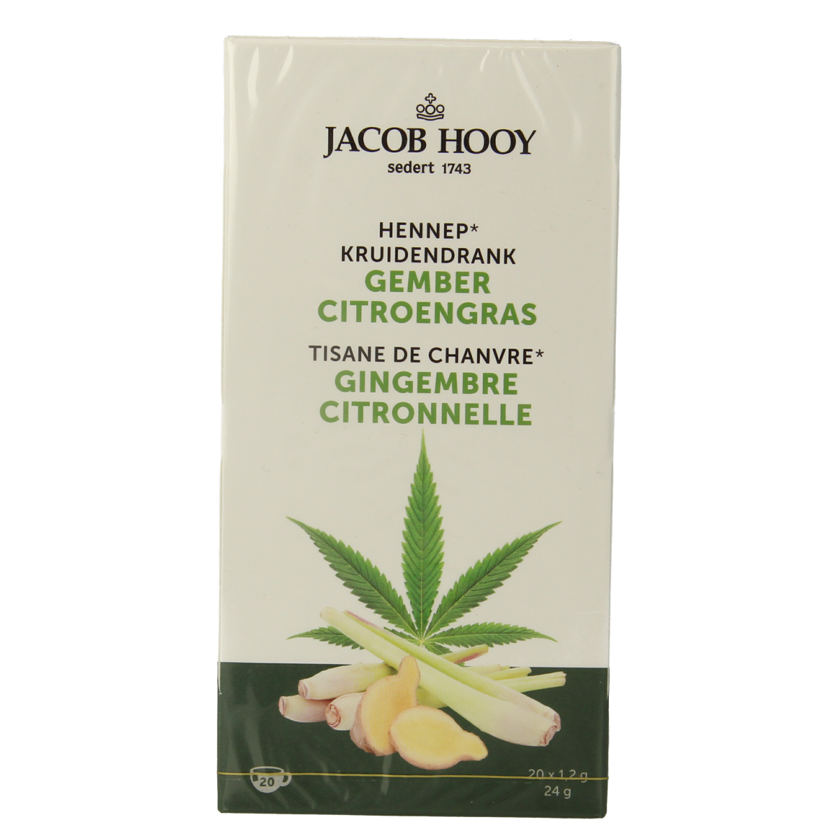 Jacob Hooy Hennep Gember Citroengras herbal tea sachets, 12-pack, featuring natural ingredients with ginger, lemongrass, and hemp flavor.