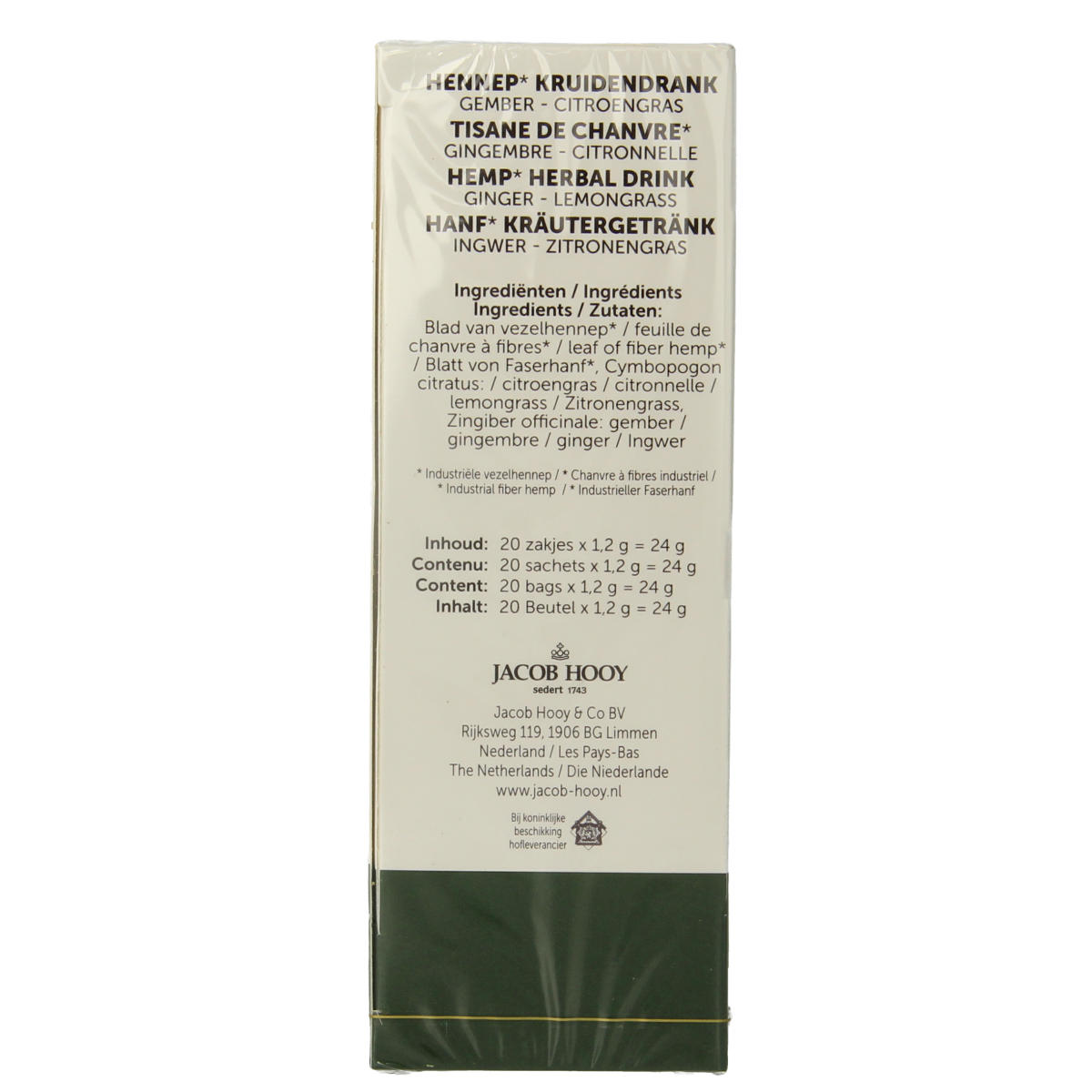 Jacob Hooy herbal tea with hemp, ginger, and lemongrass in a box of 12, natural ingredients for soothing beverages.