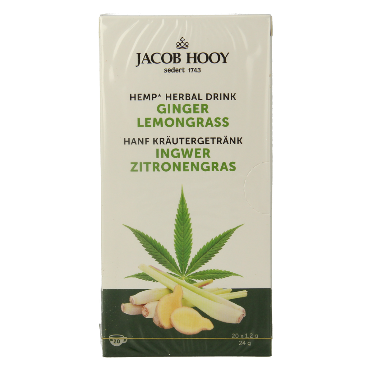 Jacob Hooy hemp, ginger, and lemongrass tea boxes, natural herbal tea product, 12 packs, in colorful packaging.