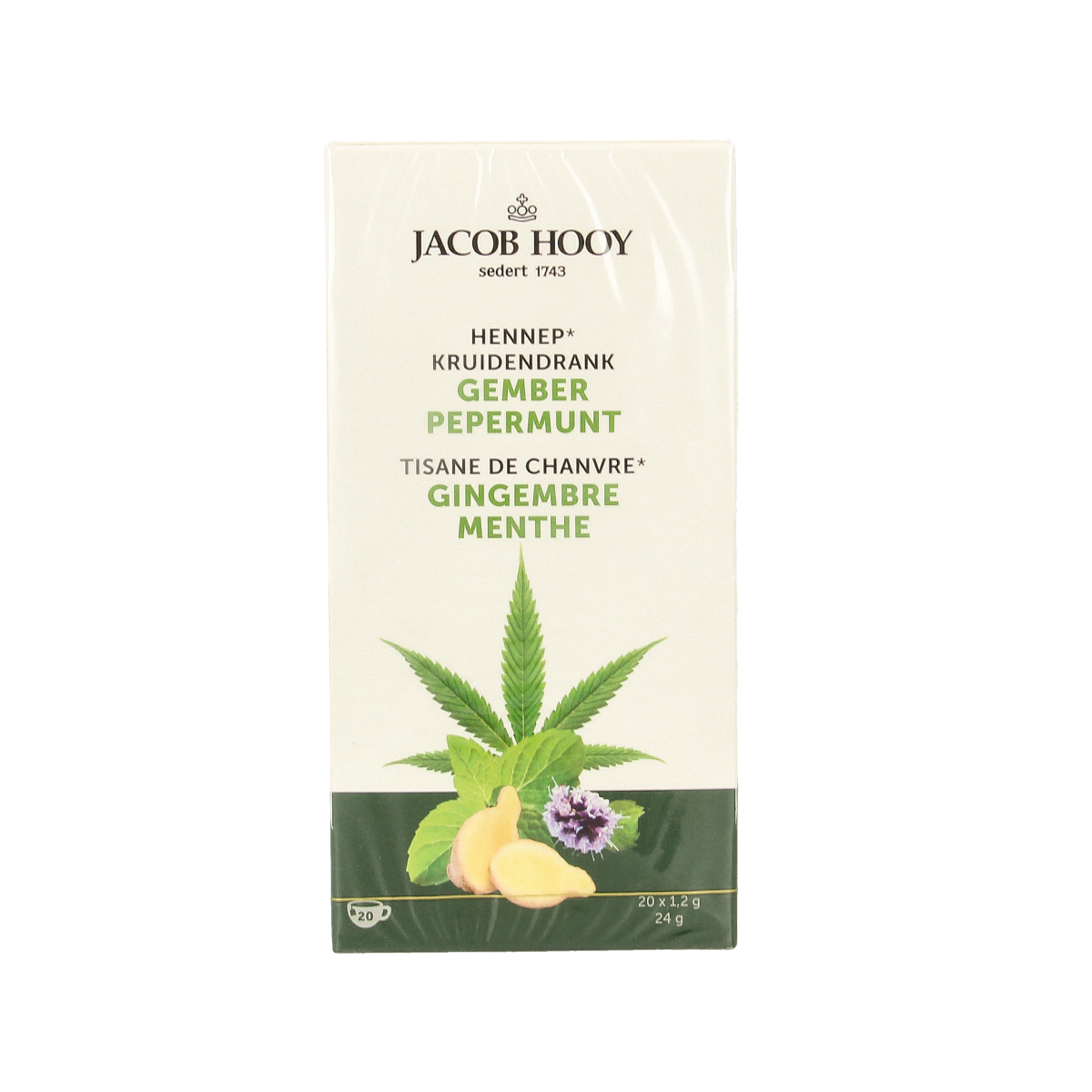 Jacob Hooy Hennep gember pepermunt thee in a tea bag, natural herbal blend with ginger, hemp, and peppermint for soothing tea.