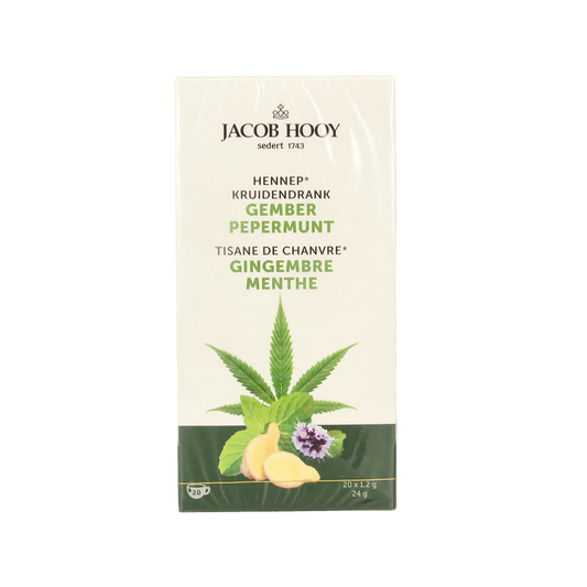 Jacob Hooy Hennep gember pepermunt thee in a tea bag, natural herbal blend with ginger, hemp, and peppermint for soothing tea.