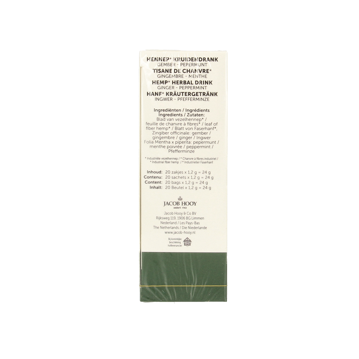Jacob Hooy hemp, ginger, and peppermint tea bag, herbal blend for soothing beverage, in a pack of 20.