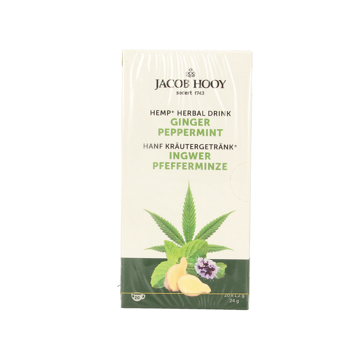 Jacob Hooy hemp ginger peppermint tea in a box, featuring 20 tea bags, with fresh ginger, peppermint leaves, and hemp infusion.