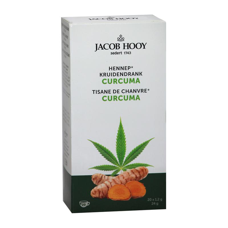 Jacob Hooy Curcuma thee in a box with 20 tea bags, showing the packaging and tea bags for herbal tea.