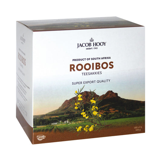 Jacob Hooy Rooibosthee jubileum doos with 160 tea bags, natural red rooibos tea in a decorative box.