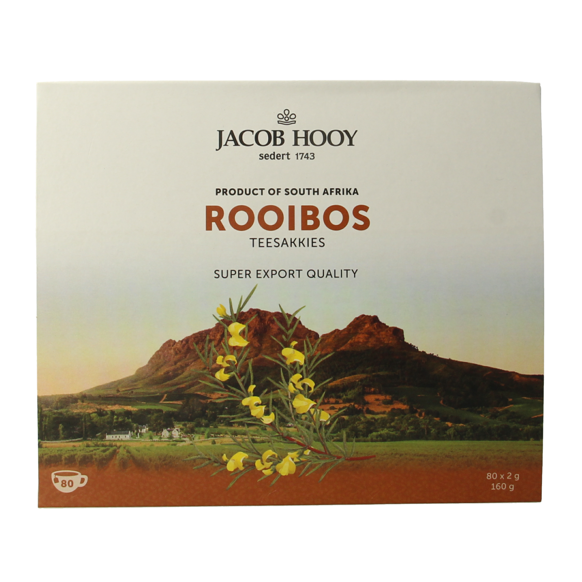 Jacob Hooy Rooibosthee tea bags, 80-count, in orange packaging, for herbal tea enjoyment.