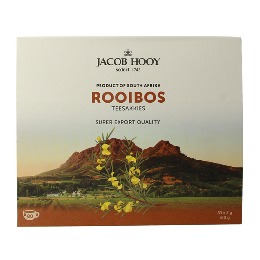 Jacob Hooy Rooibosthee tea bags, 80-count, in orange packaging, for herbal tea enjoyment.