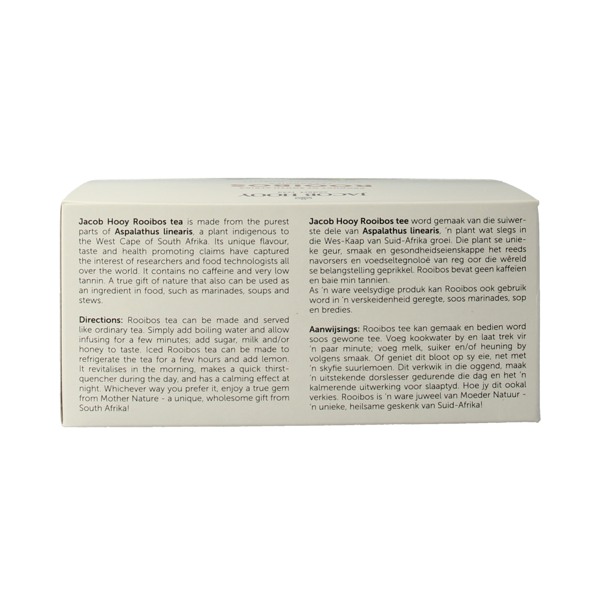 Jacob Hooy Rooibosthee tea sachets, 80-pack, in individual tea bag pouches, featuring natural red rooibos tea leaves.