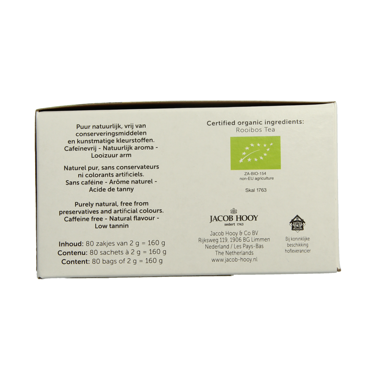 Jacob Hooy Rooibosthee bio tea sachets, 80-pack, natural herbal tea in individual paper sachets, green rooibos product.