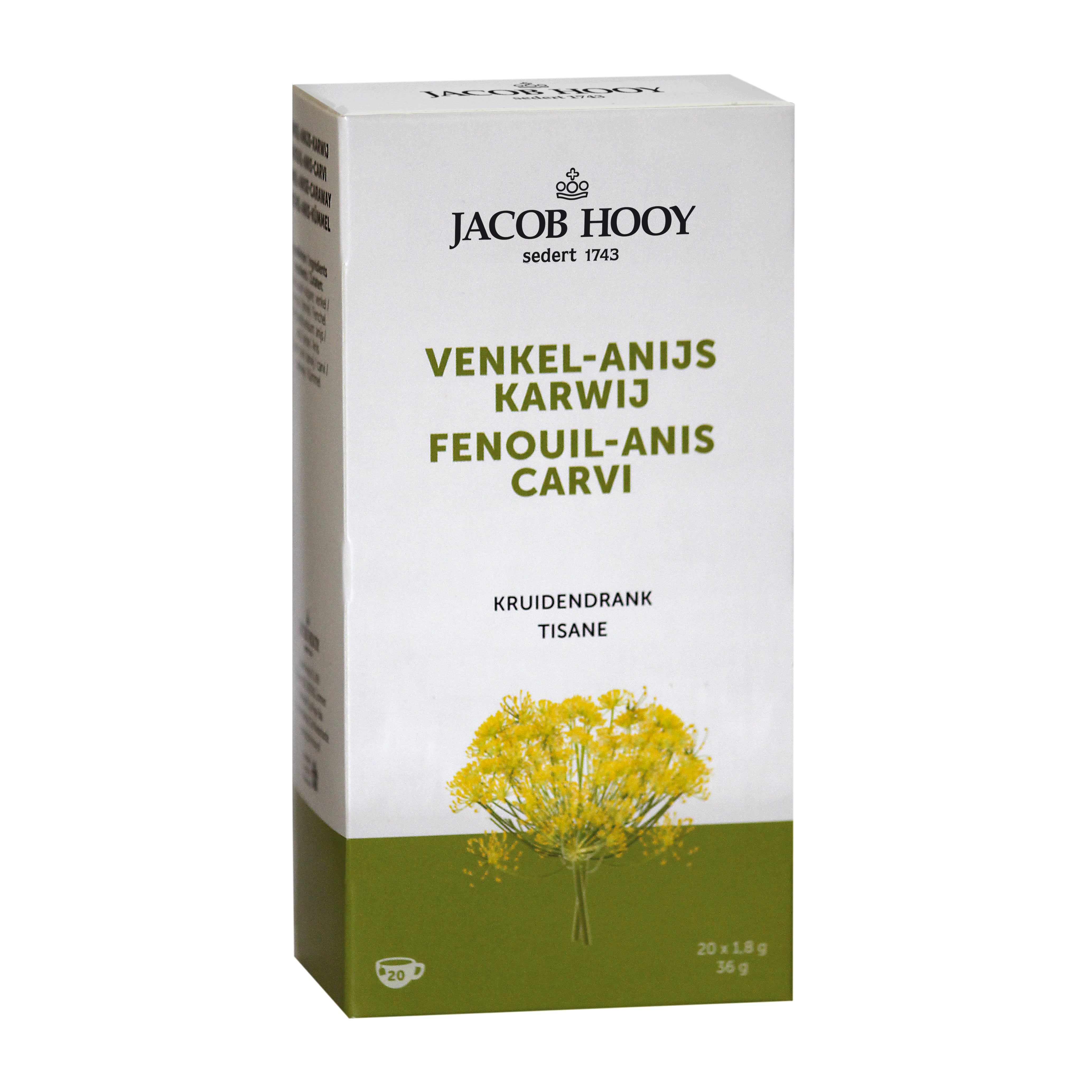 Jacob Hooy Venkel, anijs, karwij thee in gold packaging with 20 tea bags, showcasing the herbal tea blend in a box.