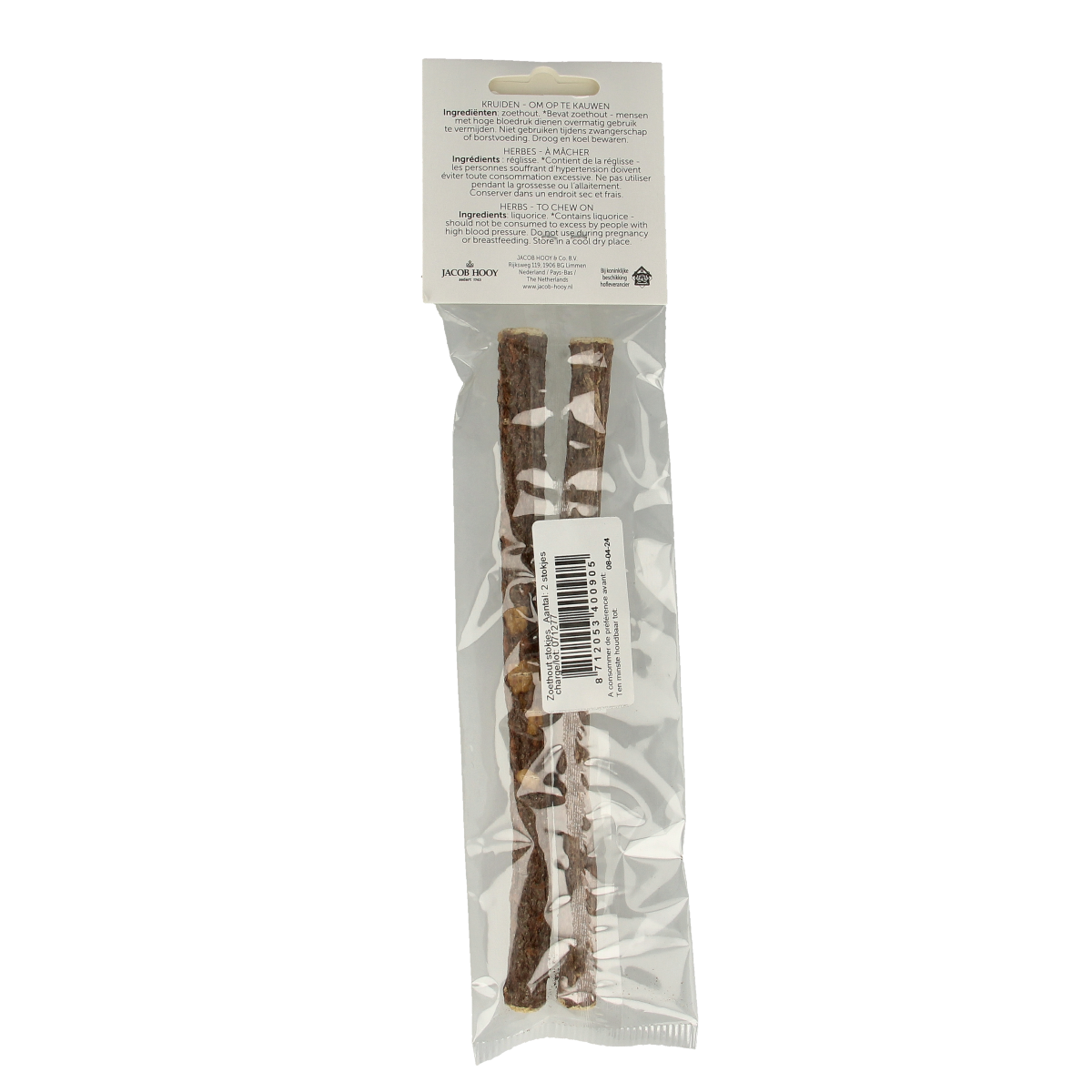 Jacob Hooy zoethout stokjes in zakje, herbal spice for cooking, shown in a clear package with 2.00 pieces.
