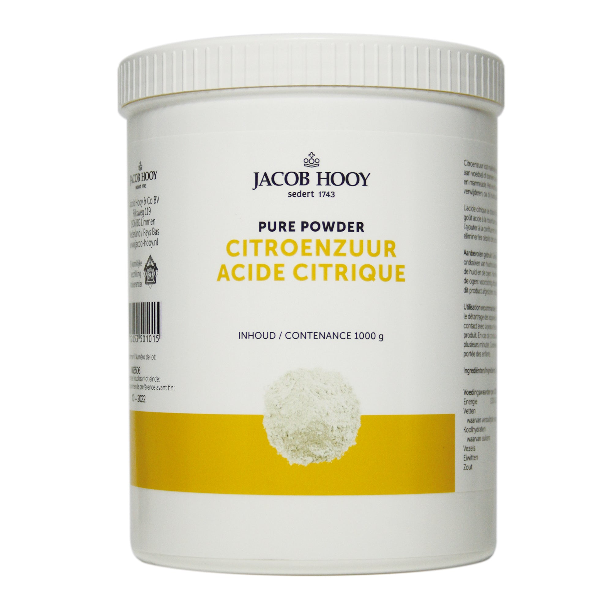 Jacob Hooy Citroenzuur in a 1kg jar, used for baking mixes and flours, with a clear label and secure lid.
