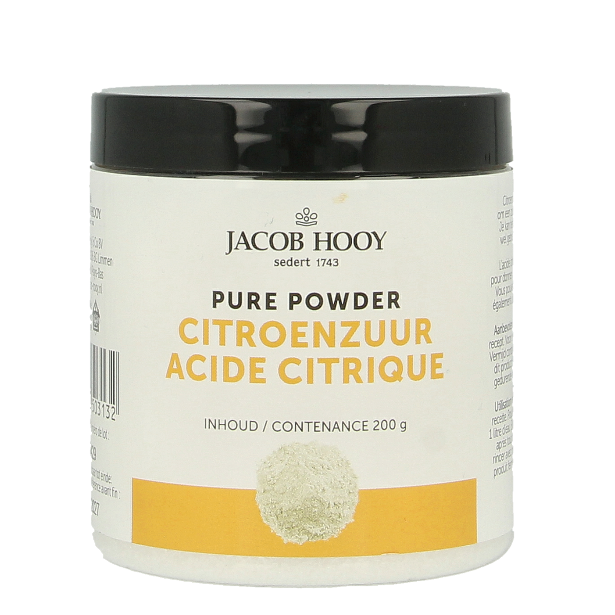 Jacob Hooy Citroenzuur pot, 200g, in a transparent container with a white label, used for baking and cooking.