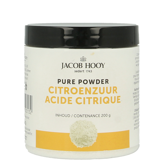 Jacob Hooy Citroenzuur pot, 200g, in a transparent container with a white label, used for baking and cooking.