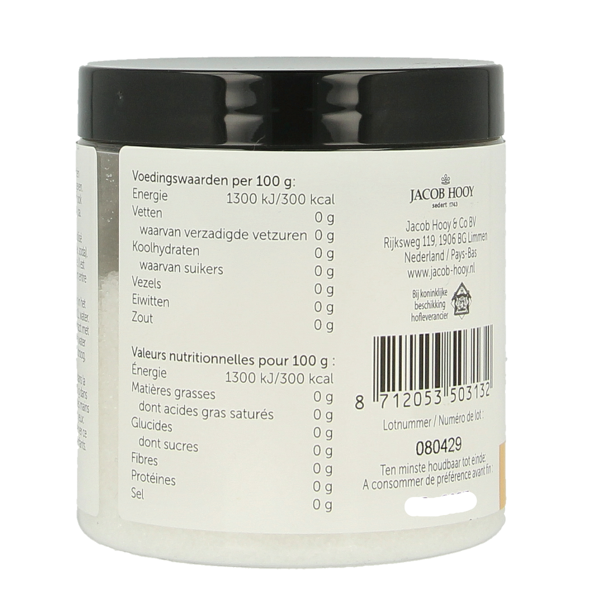 Jacob Hooy citroenzuur in 200g pot, used for baking and cooking, shown in a clear container.