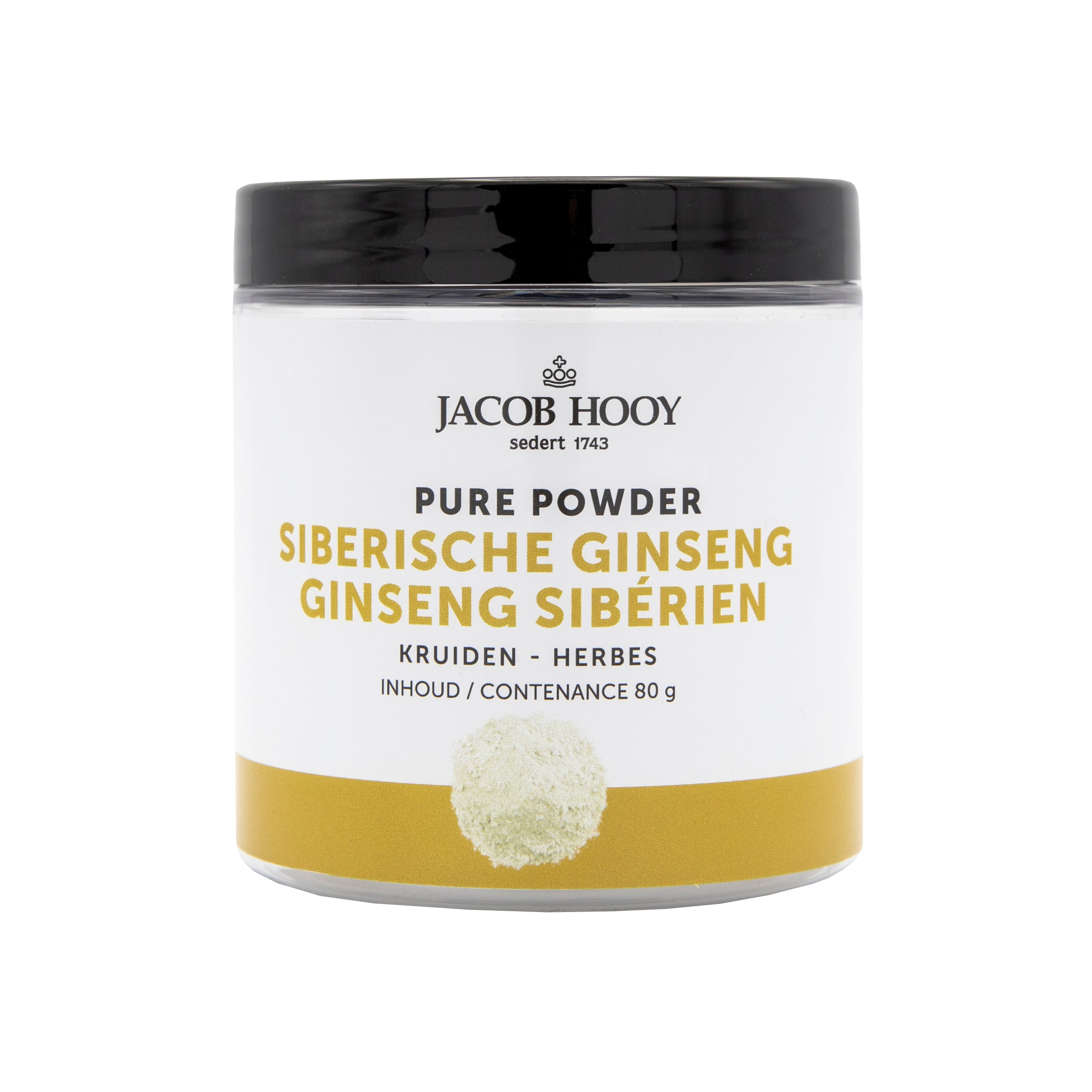 Jar of Jacob Hooy Siberian Ginseng powder in an 80g container, part of herbal preparations, with a focus on natural herbal supplement.