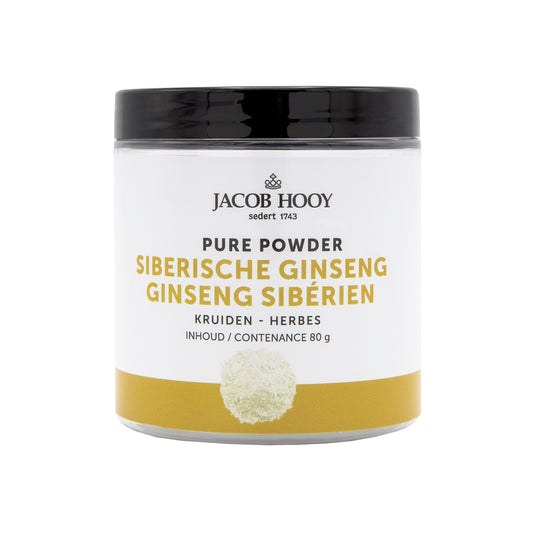Jar of Jacob Hooy Siberian Ginseng powder in an 80g container, part of herbal preparations, with a focus on natural herbal supplement.