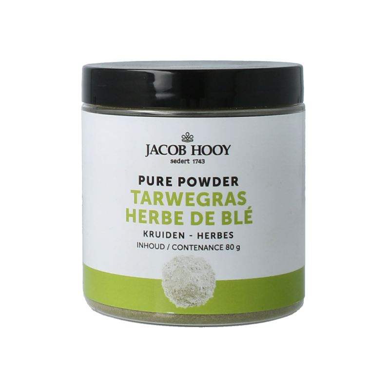 Jacob Hooy Pure Tarwegras Powder in an 80g jar, natural wheatgrass supplement from the herbal preparations category.