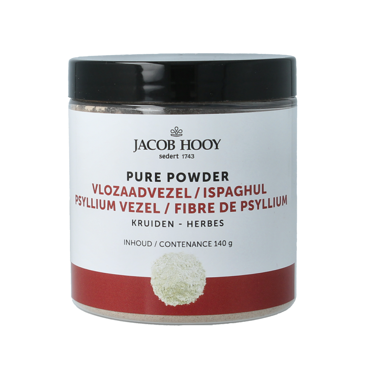 Jacob Hooy Pure Powder vlozaadvezels in a clear container, showing the fine, light brown flaxseed fiber powder for herbal preparations.