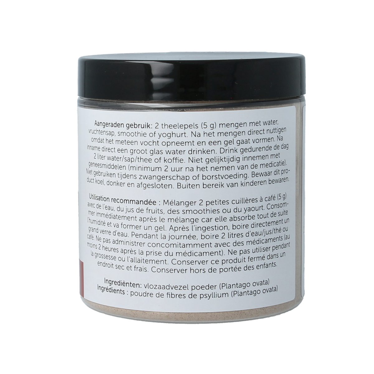 Jacob Hooy Pure Powder vlozaadvezels, herbal supplement in a 140g package, showcasing the product's packaging and powder texture.