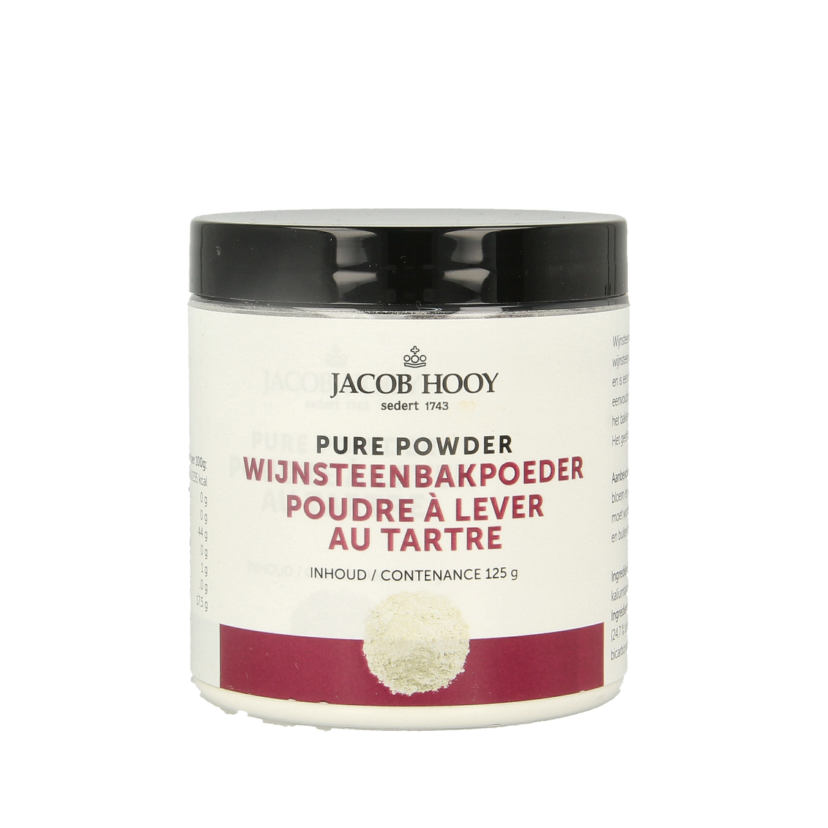 Jacob Hooy Wijnsteenbakpoeder in 125g package, natural baking powder used in baking and cooking, from Jacob Hooy brand.