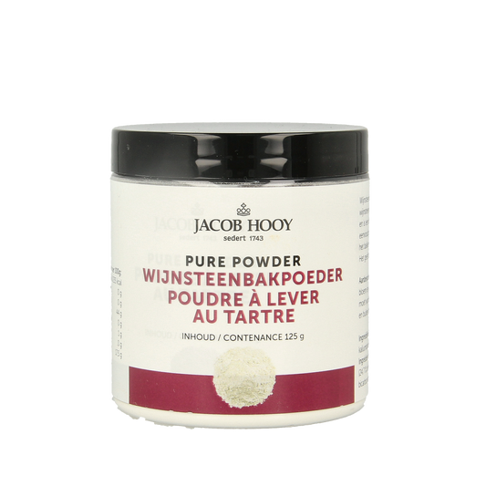 Jacob Hooy Wijnsteenbakpoeder in 125g package, natural baking powder used in baking and cooking, from Jacob Hooy brand.