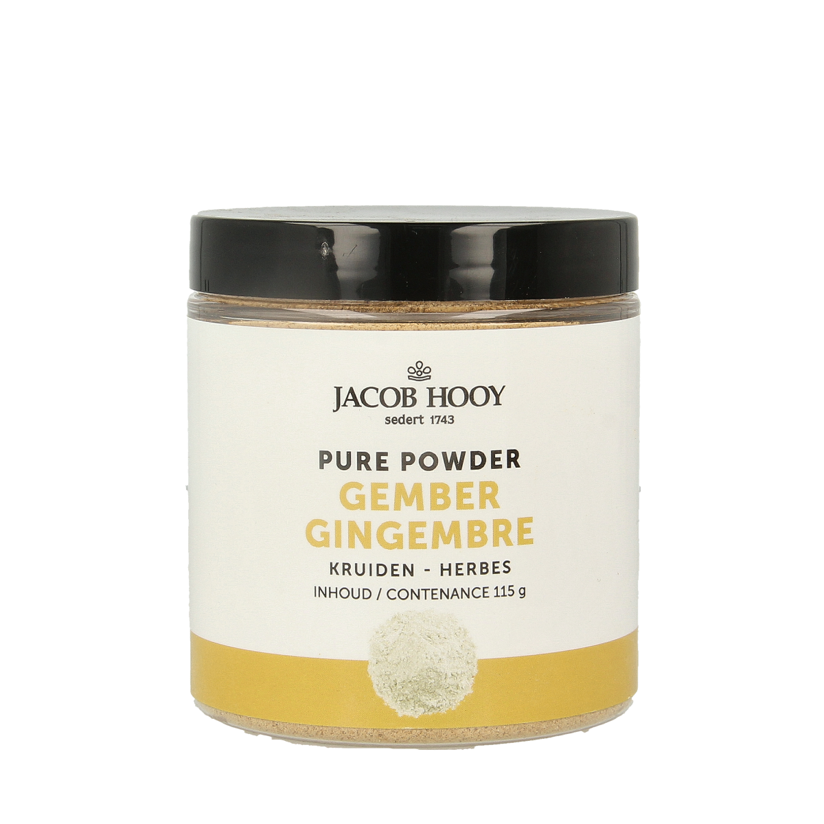 Jacob Hooy pure powdered ginger in 115g package, natural herbal supplement, showing the ginger powder in a clear container.