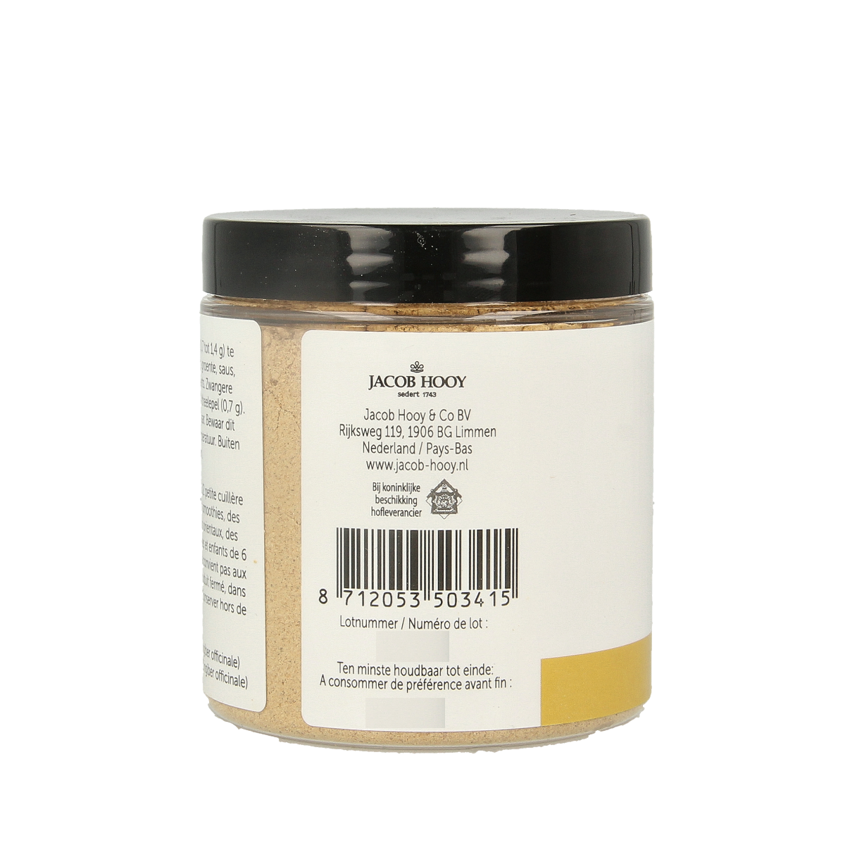 Jacob Hooy pure ginger powder in a 115g container, natural herbal supplement for cooking and health uses.